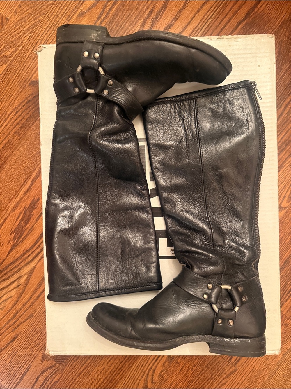 Frye Black Leather Knee-High Harness Boots